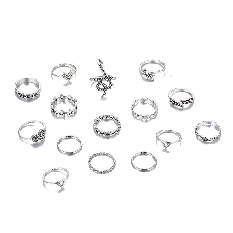 Ring Exaggerated Punk Snake Shaped Five Pointed Star Love Arrow 15 Piece Set