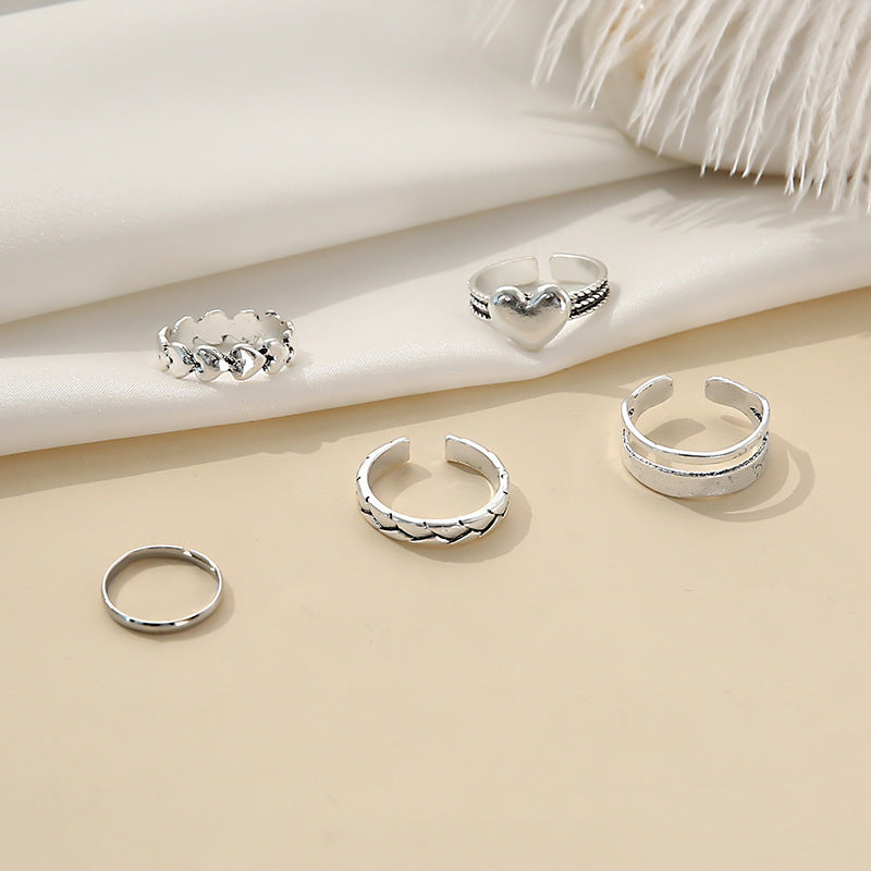 Ring Double Layered Opening Personality Cool Wind Love Combination 5-Piece Ring