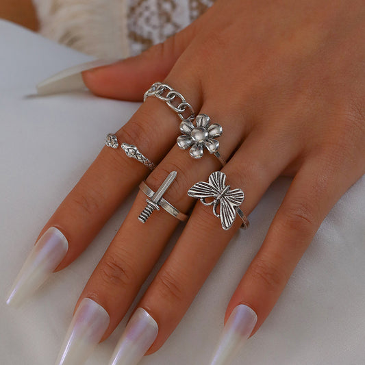 Sword Flower Ring Set 5 Pieces Creative Personality Butterfly Chain Joint Ring Girl