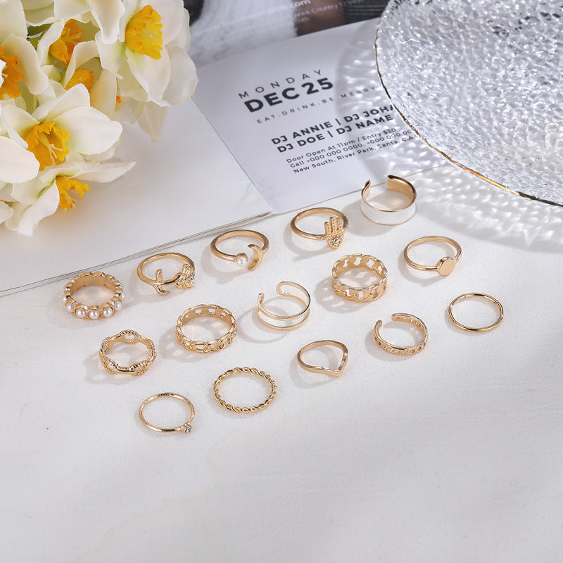 Wind Pearl Twist Ring With Diamonds And Roses Dripping Oil 15-Piece Suit Joint Ring