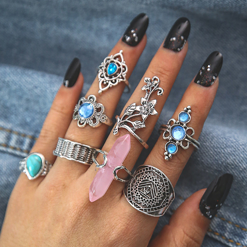 Ring Pink Turquoise Geometric Floral Cutout Pattern 8-Piece Set For Women