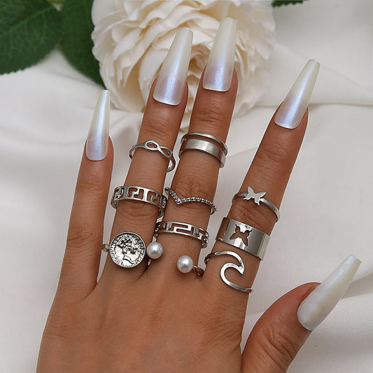 Ring Style Hollow Butterfly Pearl 10 Piece Ring Ring Set