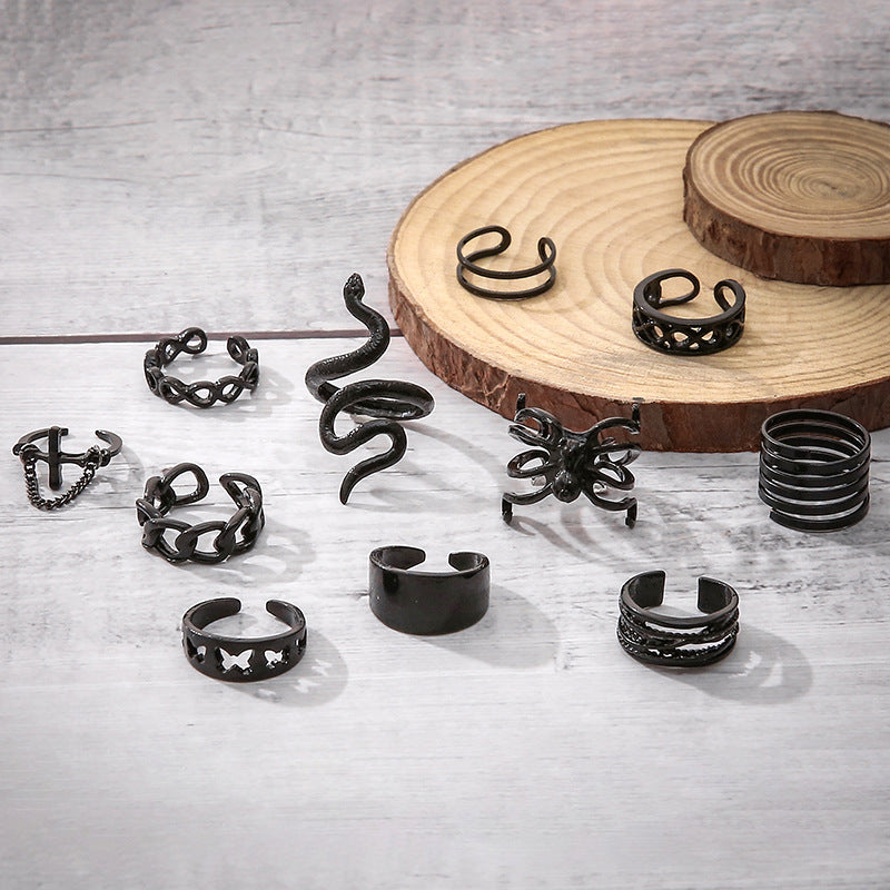 Ring Gun, Black Snake Shaped Spider Joint Ring, Exaggerated Punk Style Combination, 11 Piece Set