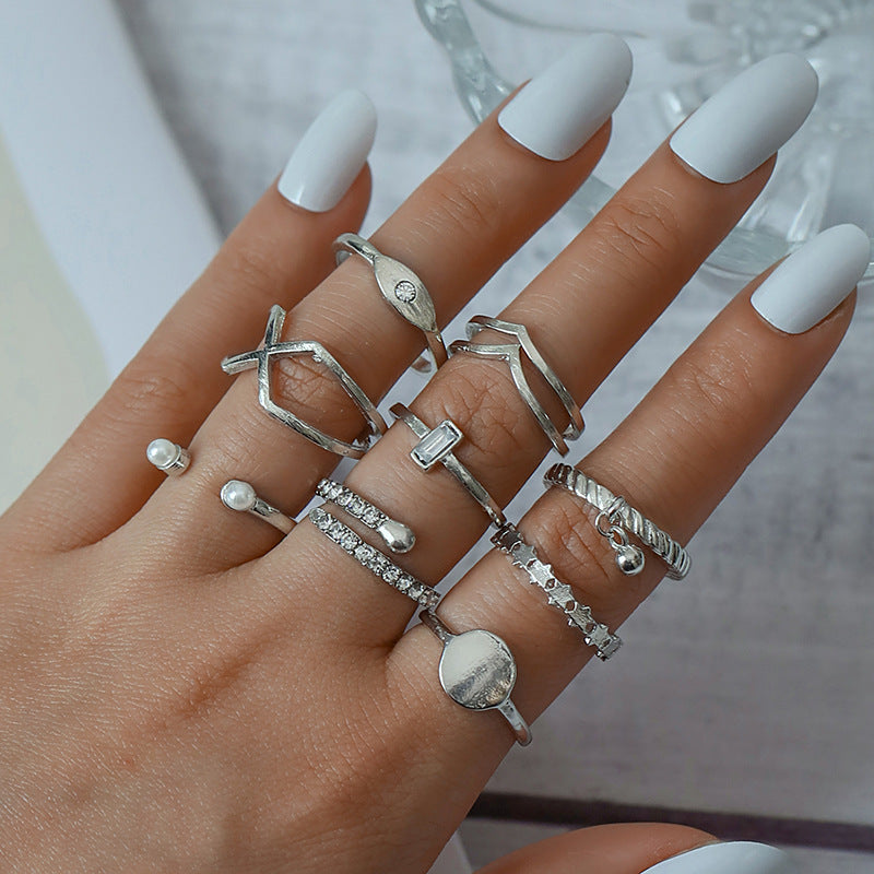 Pearl Ring Set Of 9 Double Cross Temperament Joint Ring Set Female