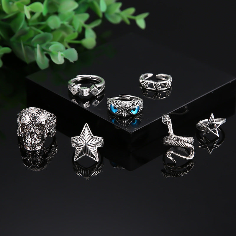 Halloween Serpentine Skull Owl Animal Ring Set Of 7 Pieces