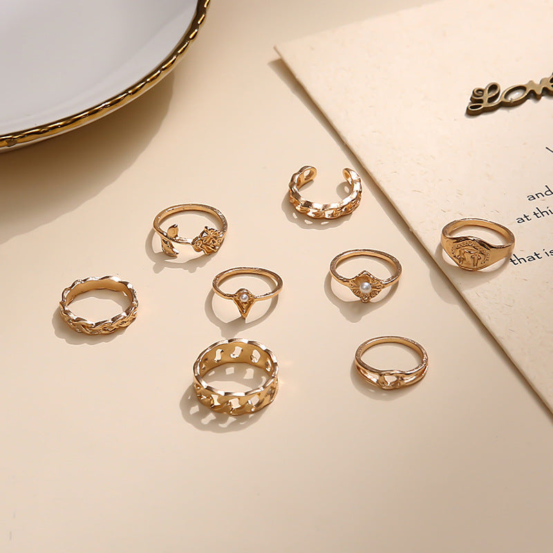 Alloy Joint Ring Creative Simple Pearl Rose Ring Set 8 Pieces