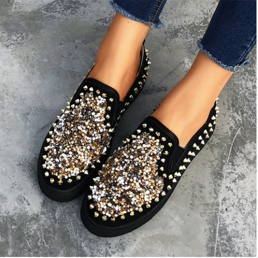 2020 New And Fashional Sneakers Women Daily Fashion Sequin Rivet Slip-on Loafers