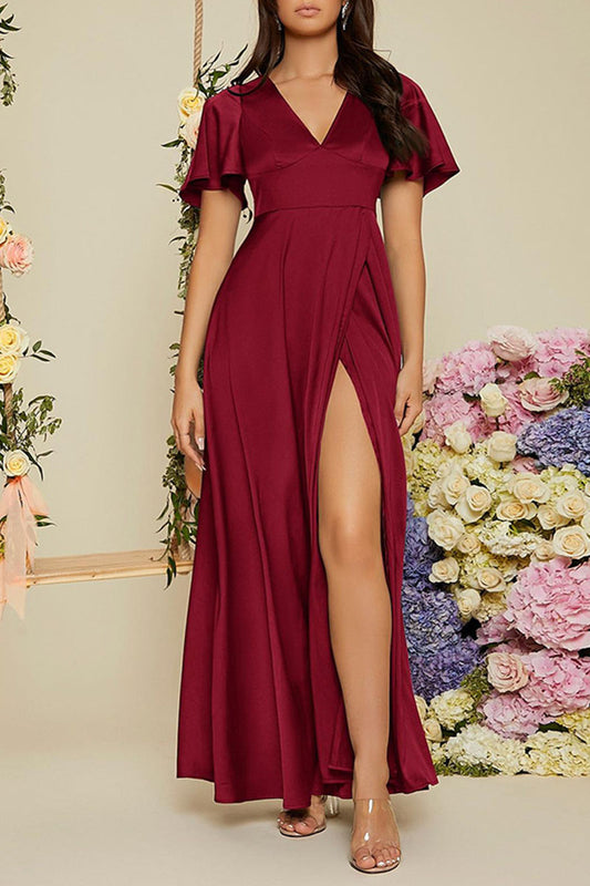 Red Casual Elegant Solid Patchwork Slit V Neck Straight Dresses