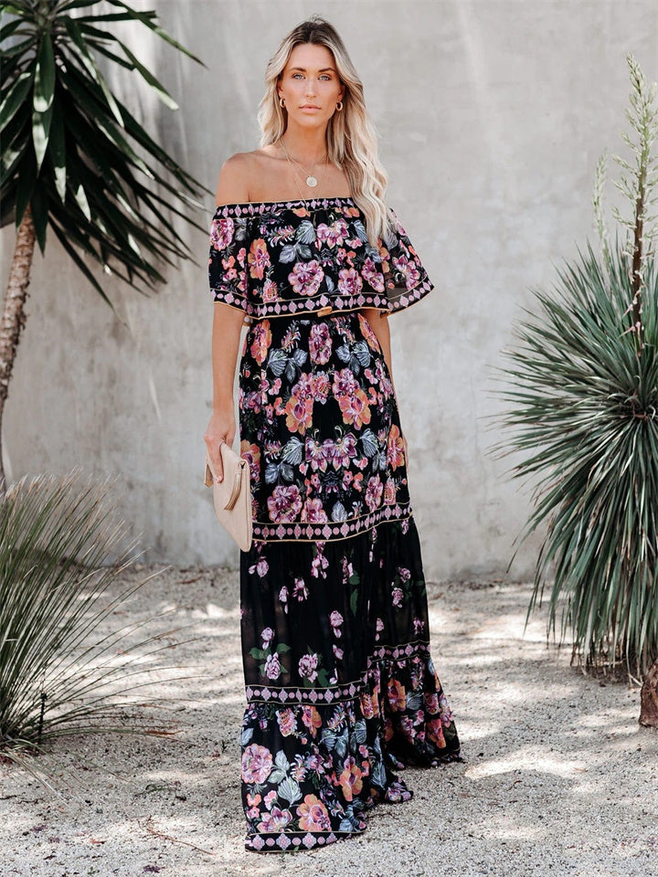 Summer New Off Shoulder Print Long Swing Dress Black Dresses