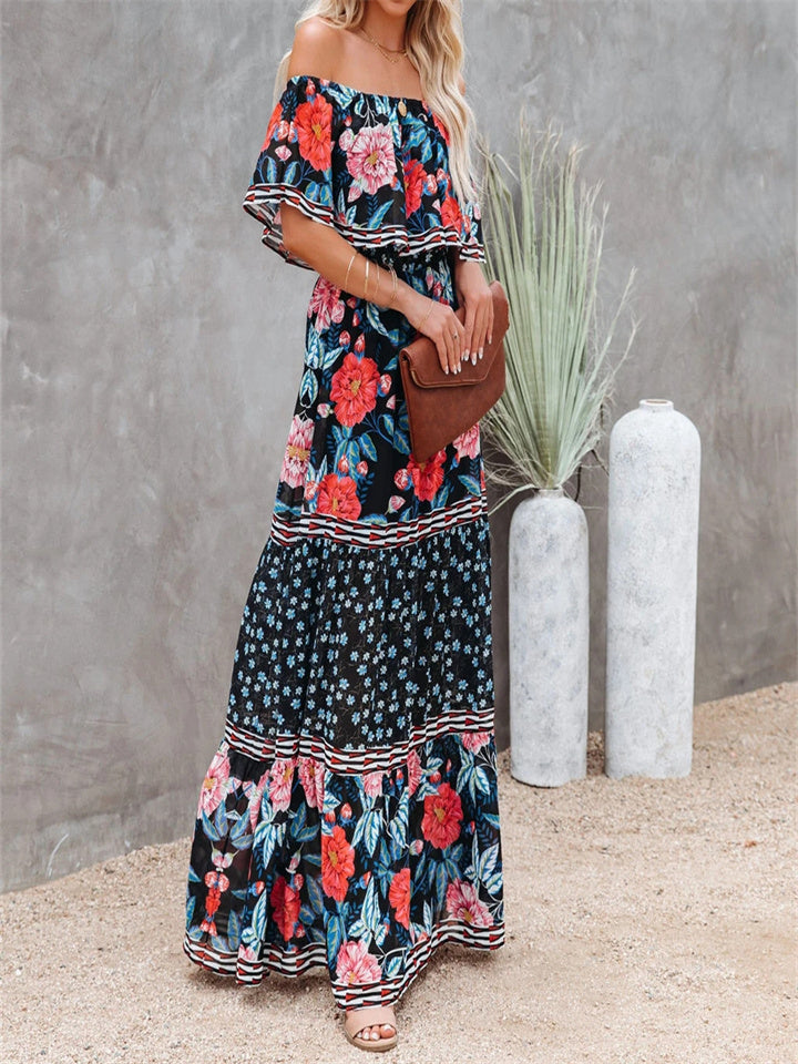 Summer New Off Shoulder Print Long Swing Dress Black Dresses