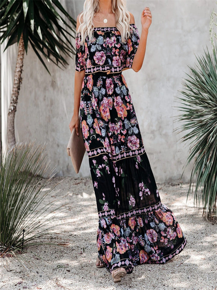 Summer New Off Shoulder Print Long Swing Dress Black Dresses