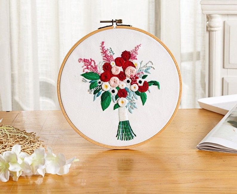 Floral Beginner Embroidery Kit - Modern Flower Plant Hand Full DIY Needlepoint Hoop Wall Art