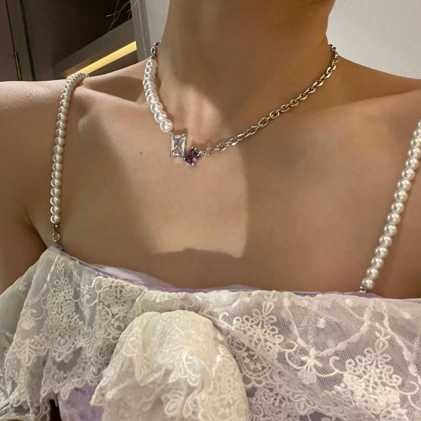 Purple Silver Square Diamond Pearl Necklace