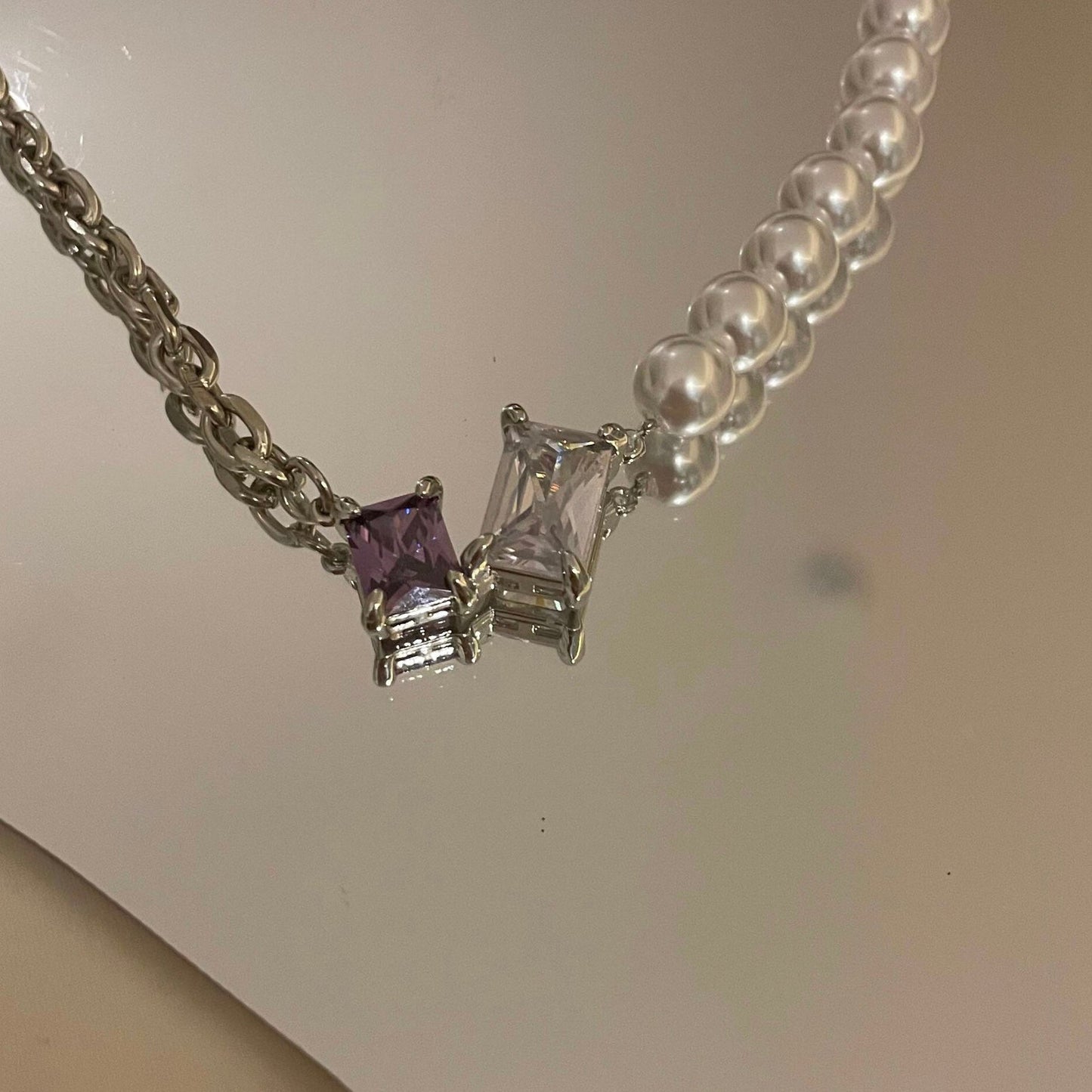 Purple Silver Square Diamond Pearl Necklace