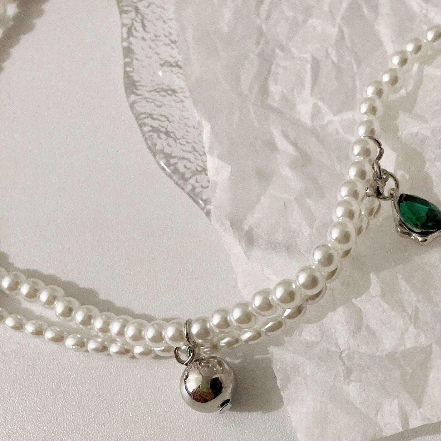 Black and Green Gemstone Pearl Double Layer Necklace