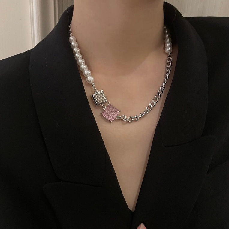 Pink Cube Stitching Pearl Necklace