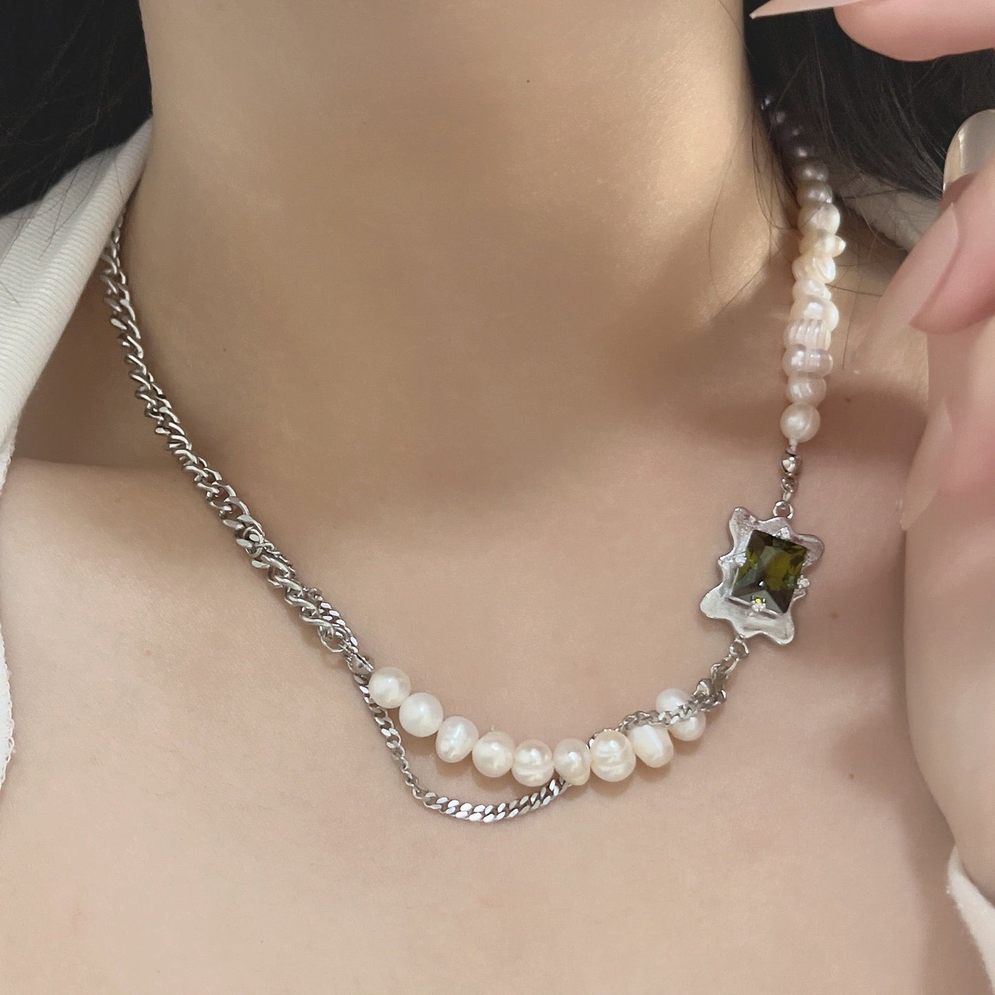 Green Diamond Patchwork Pearl Necklace